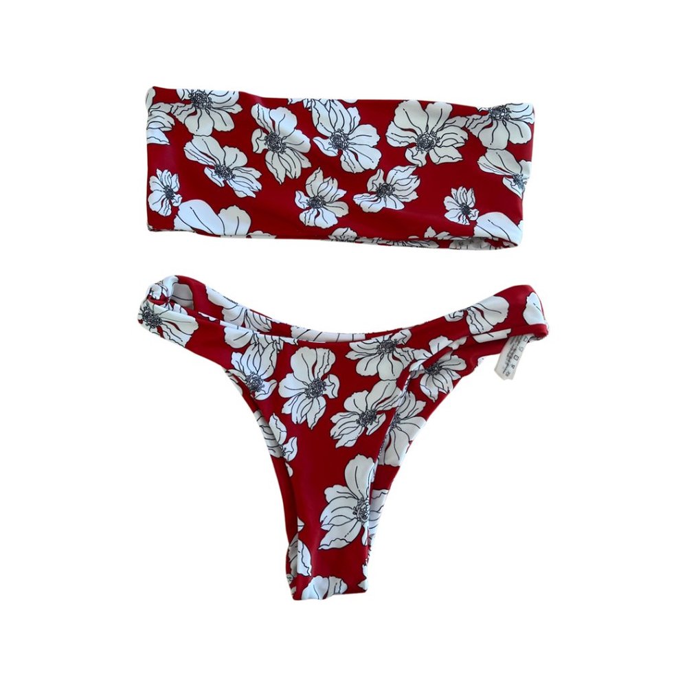 Zaful Bandeau Bikini Set in Red Floral Print size S